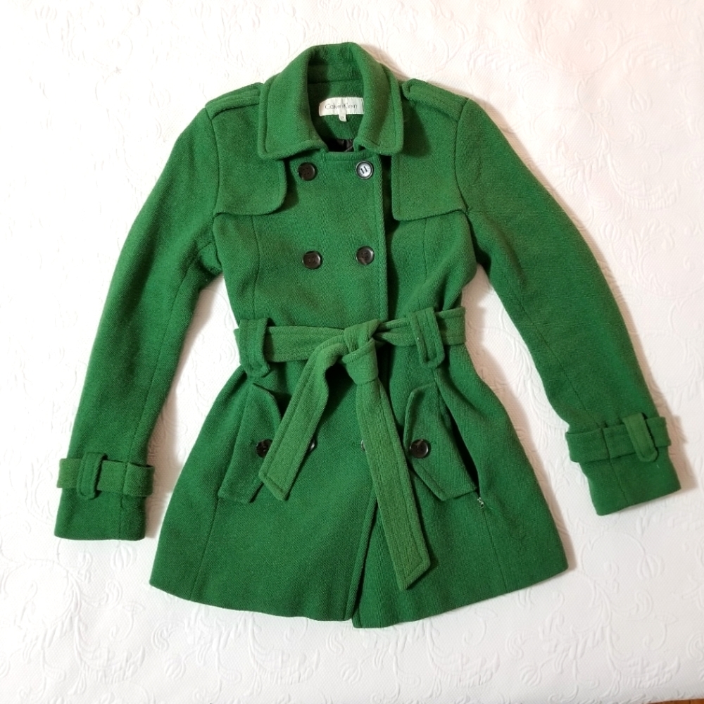 Vintage Calvin Klein Double Breasted Green Below Hip-Length Wool Coat